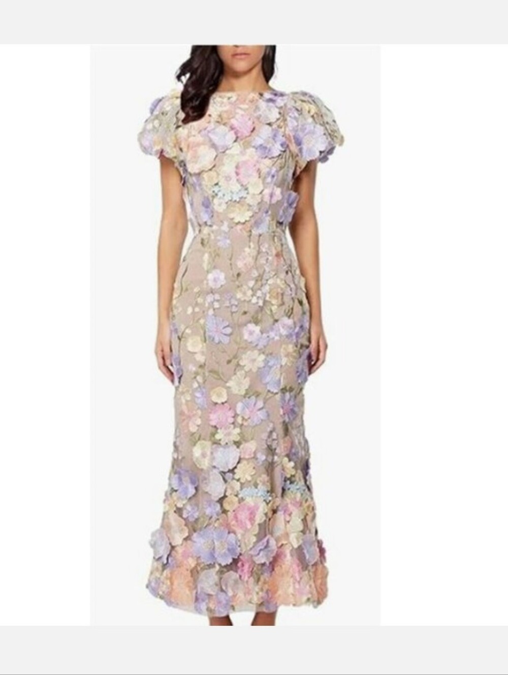 Floral Appliqué Sheer Maxi Dress in Pastel Mix
